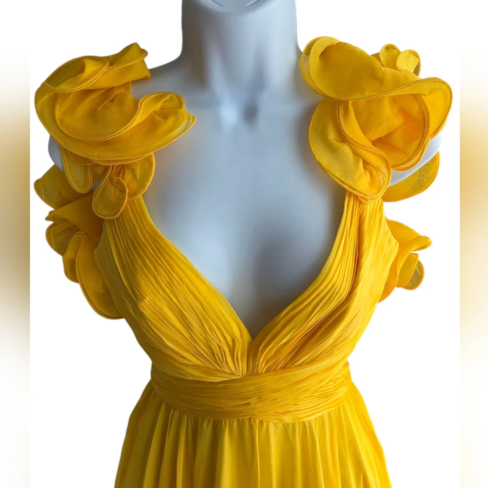 NWOT $598 Mac Duggal Ruffle Tiered Cutout Chiffon Gown Sunshine Yellow Size 2 - Picture 2 of 9